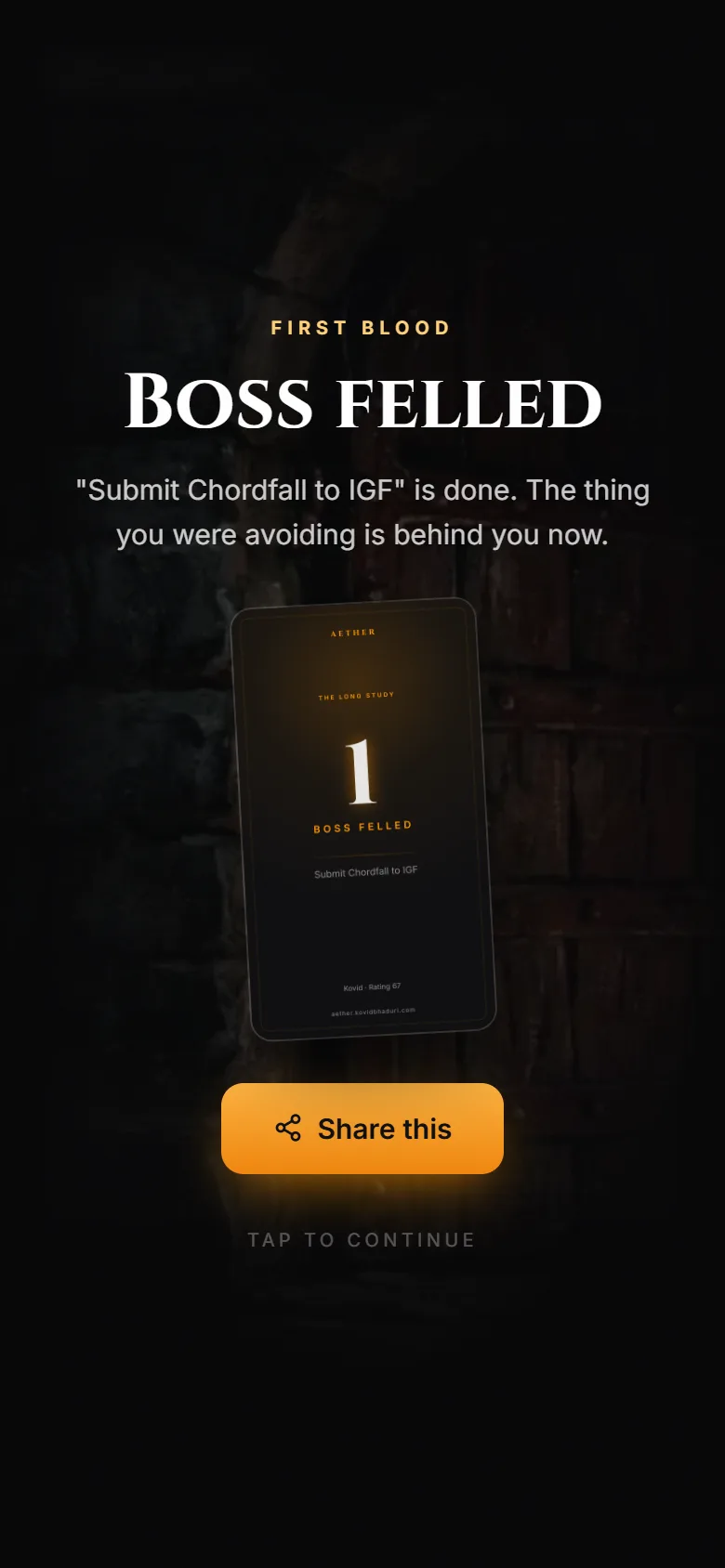 A ceremony: BOSS FELLED, with the card ready to post